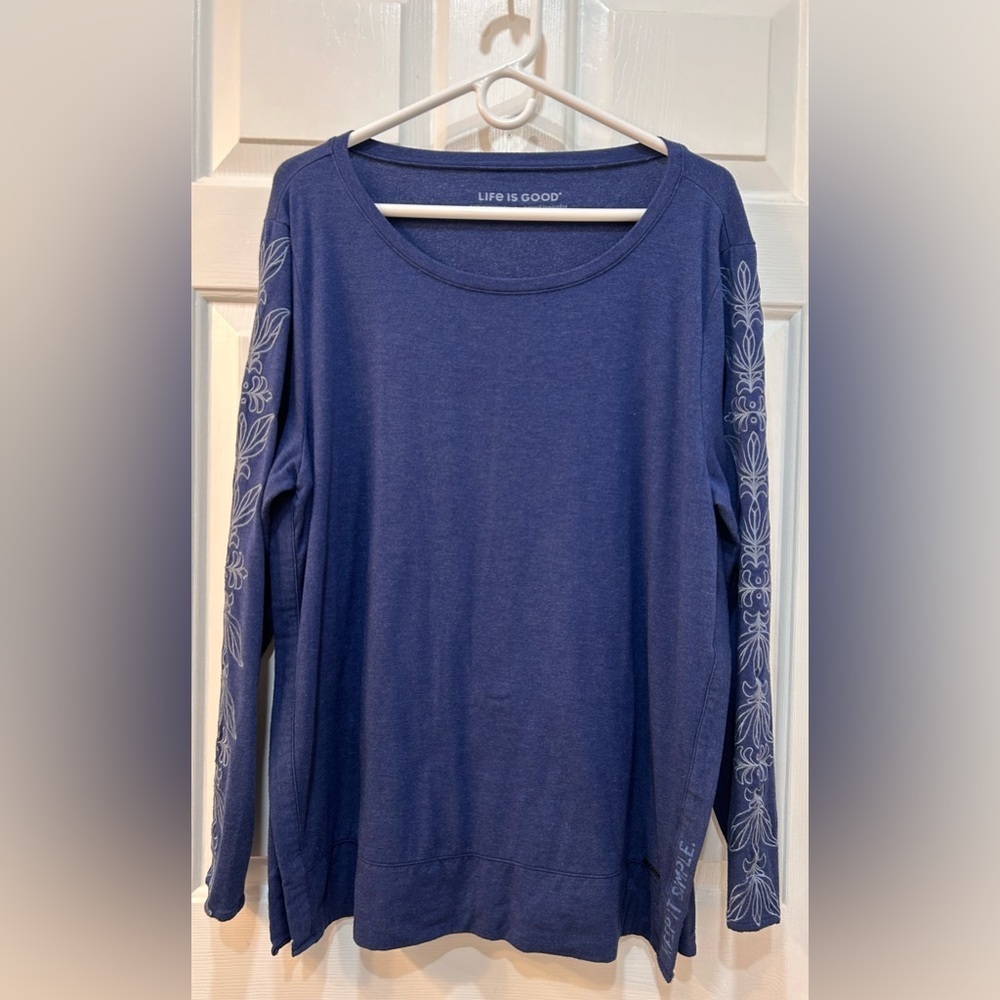 Life Is Good Embroidered Long Sleeve Tunic Top Women Size L Split Side Casual